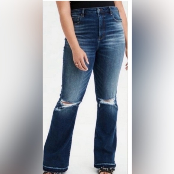 American Eagle Dark Wash Super Hi Rise Distressed Flare Jeans - Picture 1 of 6